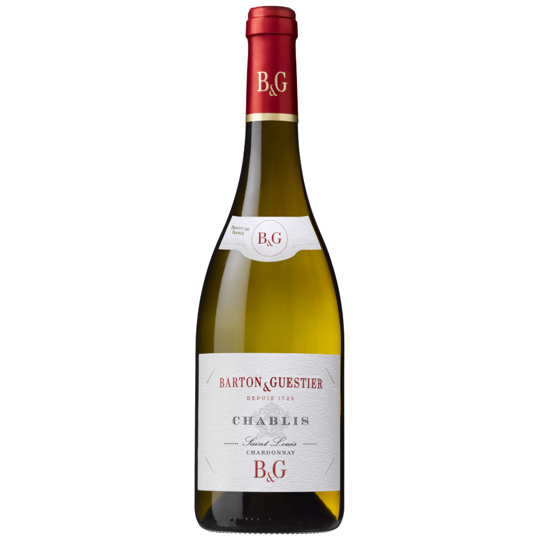 A bottle of Barton & Guestier Chablis Second Louis Chardonnay Non Alcoholic, featuring a white label with red and black text, a gold foil neck, and a red capsule, set against a plain white background.