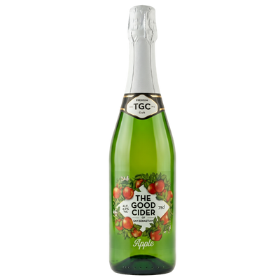 A green glass bottle of TGC The Good Cider with Savourishings Apple, featuring a white foil top and a label decorated with red apples and green leaves, set against a plain white background.