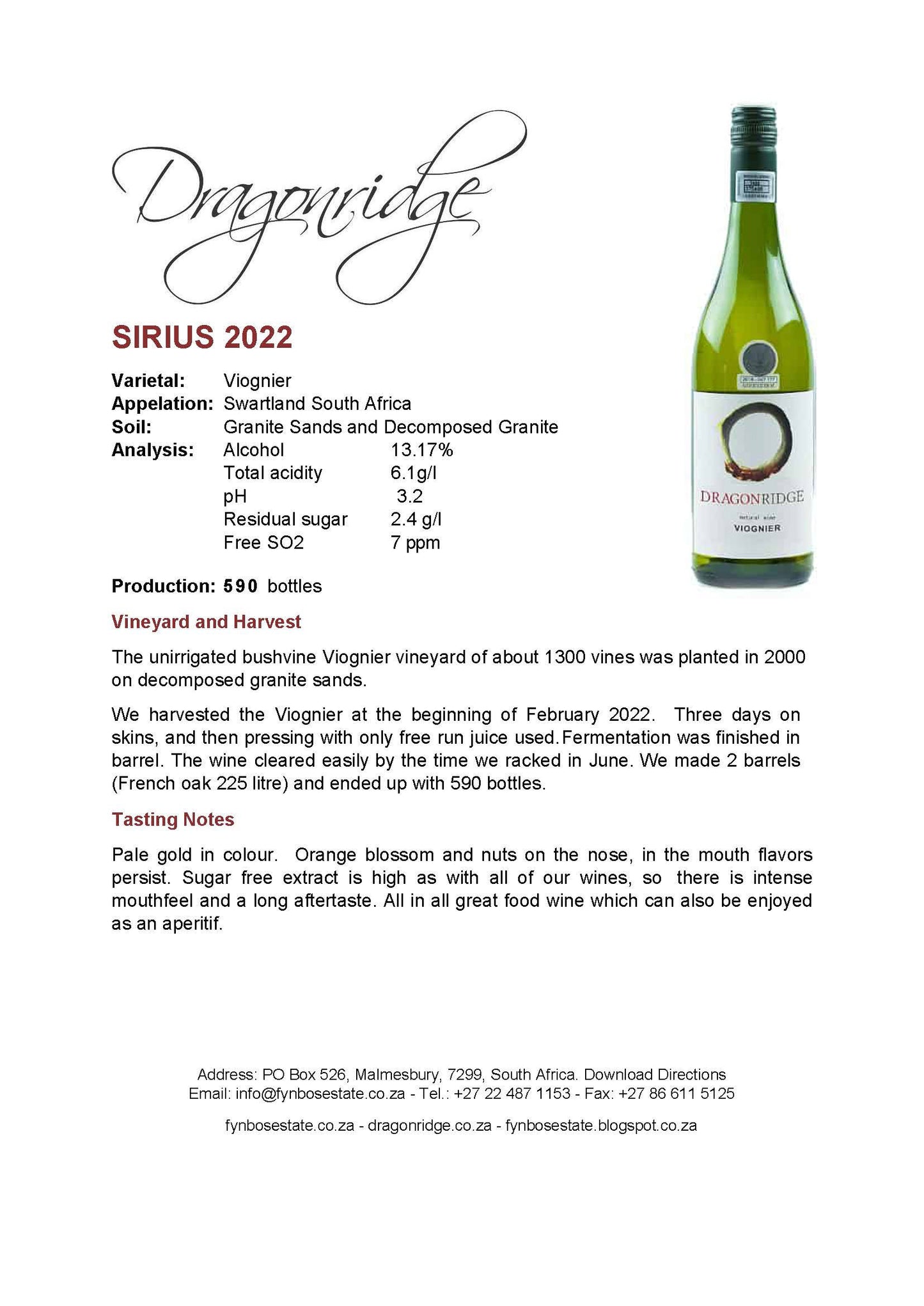 Fynbos (Dragon Ridge) Estate Viognier