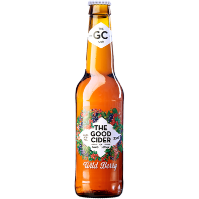 A bottle of The Good Cider 35cl Wild Berry, showing the amber liquid inside a clear glass bottle with a colorful berry wreath label and a white neck label.