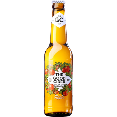 A bottle of The Good Cider Apple 4.5% ABV craft cider, featuring a clear glass bottle filled with golden amber liquid and a white label decorated with red apples and green leaves, set against a plain white background.